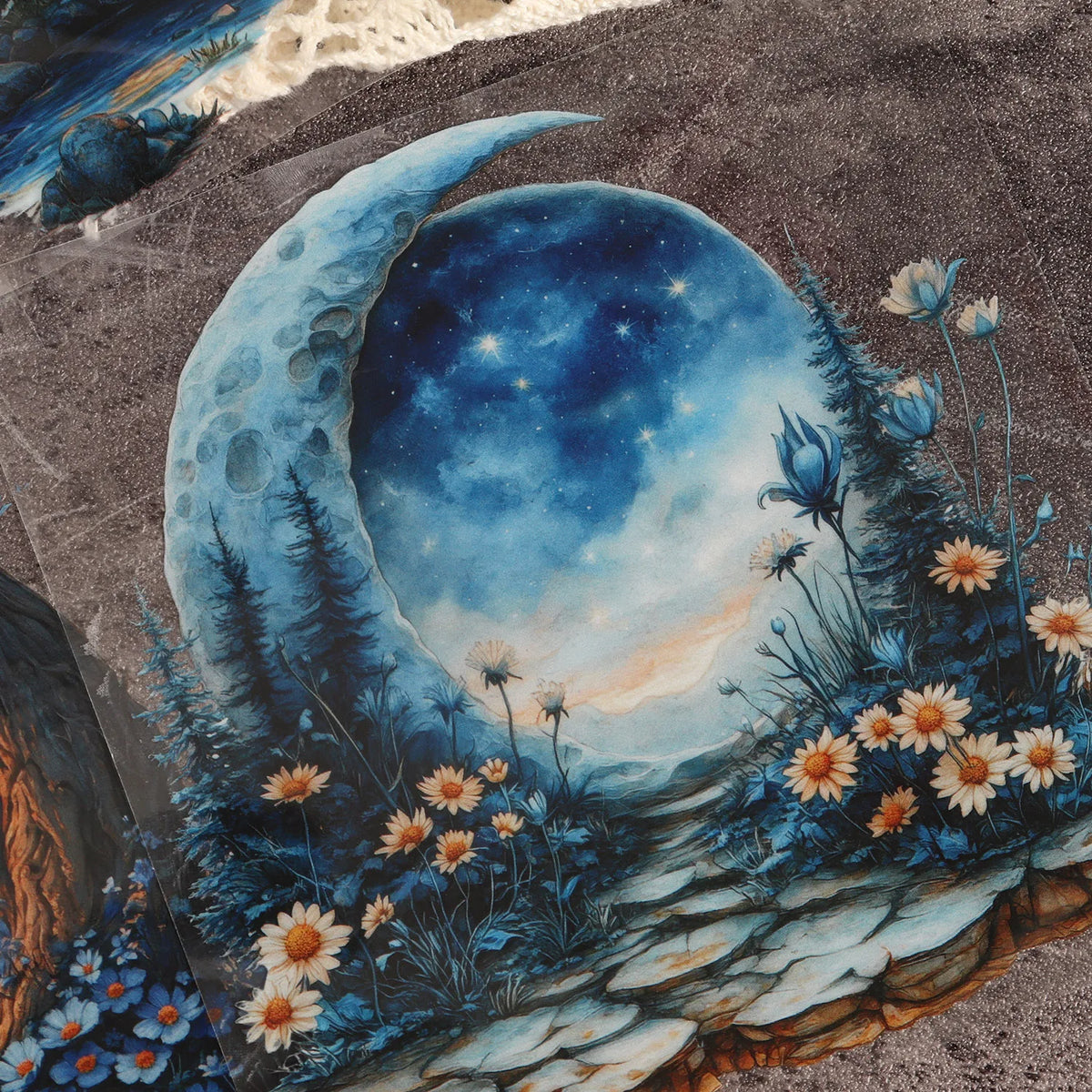 sticker mural paysage nocturne lune arbres fleurs transparent adhésif bleu blanc orange vert