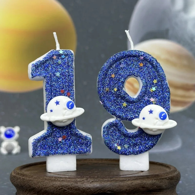 bougies numéraires bleu pailleté motif étoiles thème espace anniversaire mariage fiançailles tringle
