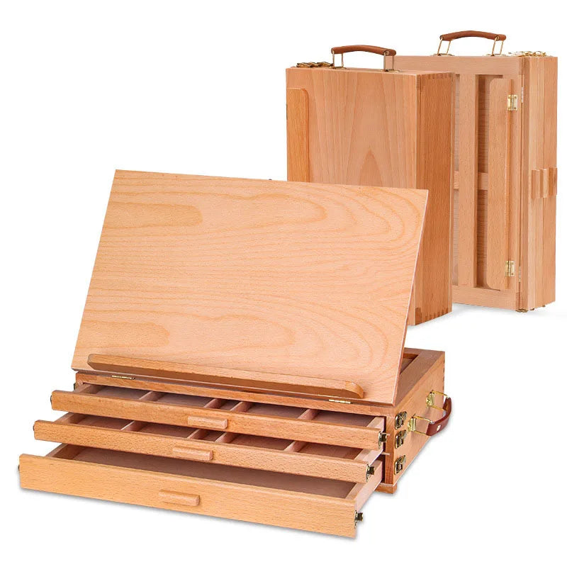 tableau peinture pliable tiroirs compartiments bois naturel classique clips poignées transport artiste atelier