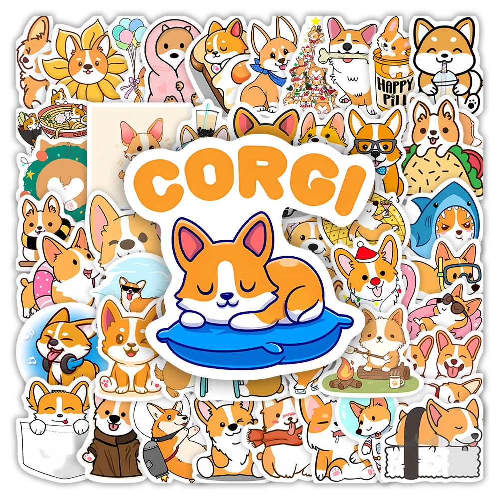 stickers autocollants dessins animés chiens corgis orange blanc bleu jaune vert rose bruns waterproof
