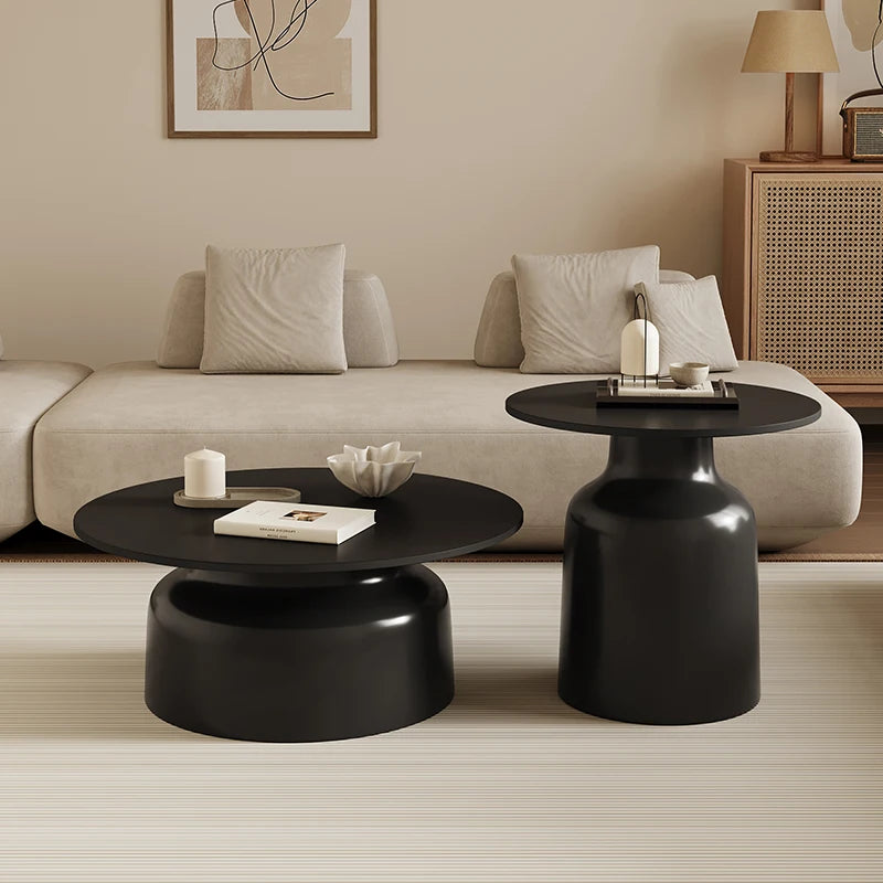 table basse moderne bois rondes finition pierre blanc noir salon chambre