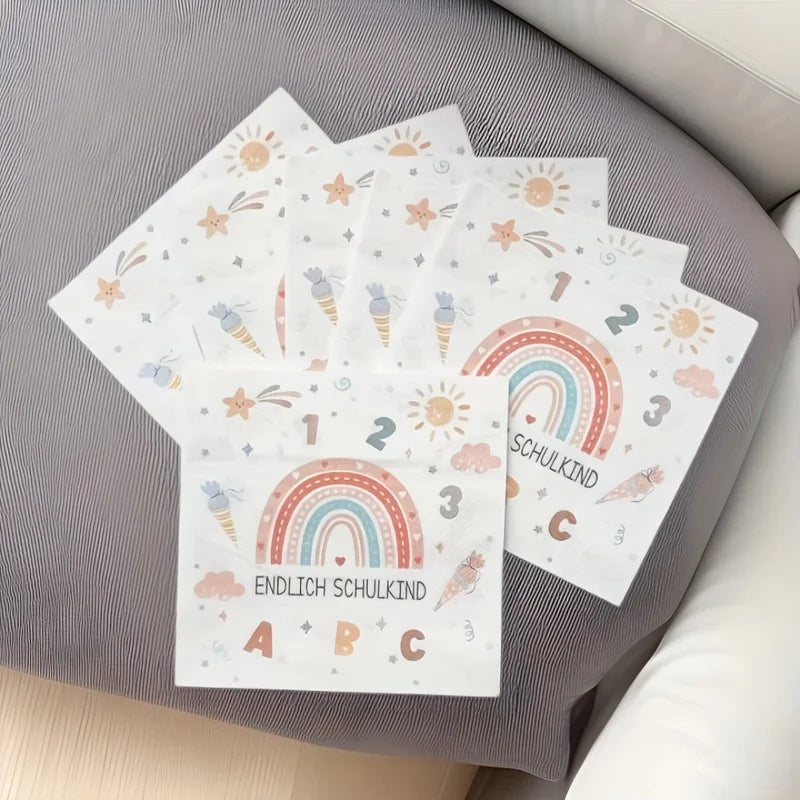 serviettes papier arc ciel lettres numéros étoiles nuages colorées pack 40 pièces