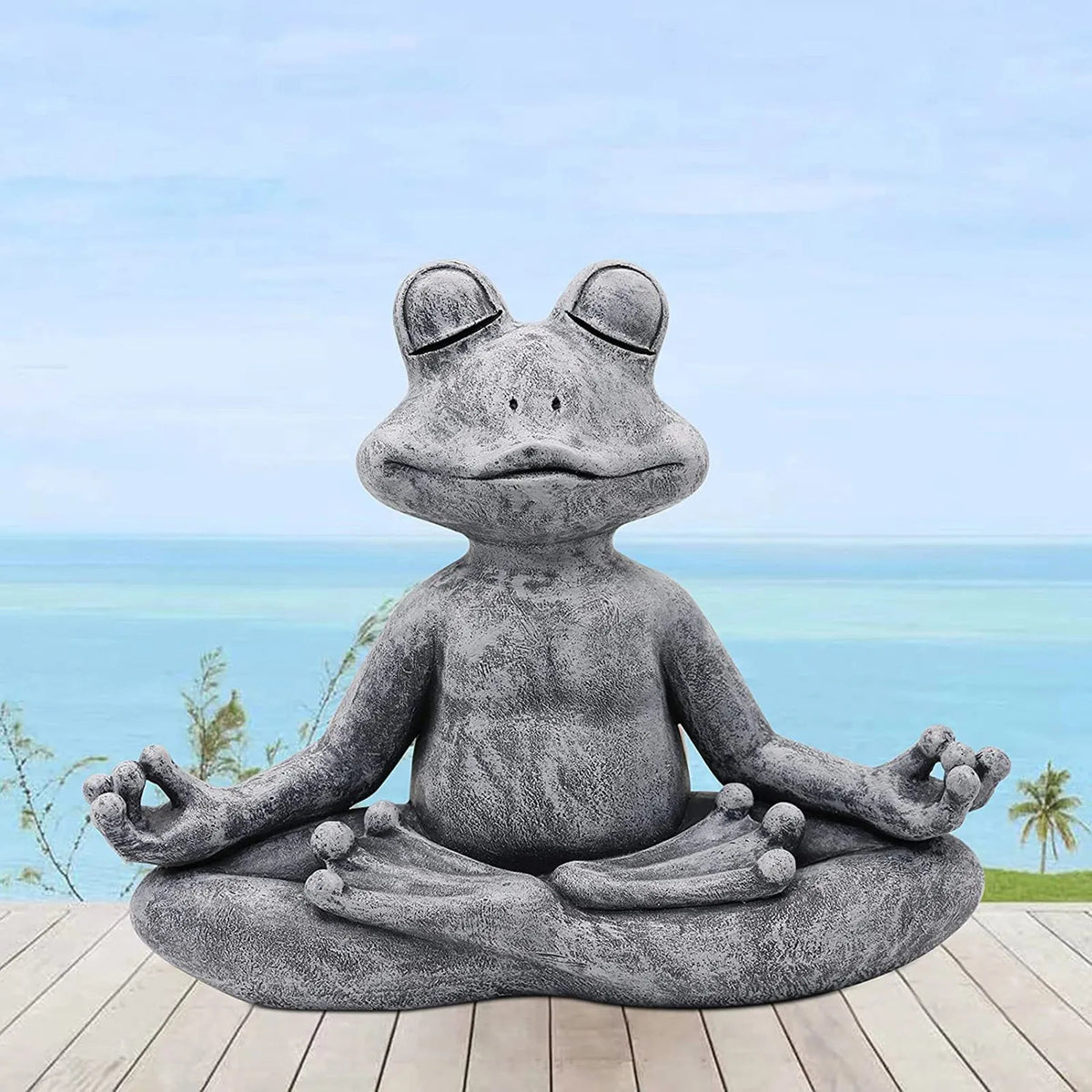 statue grenouille zen pose yoga résine gris pierre naturelle aspect texturé ciment brut jardin