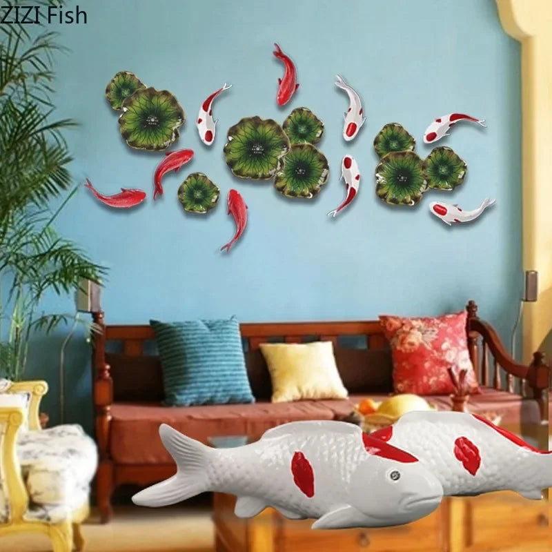 décoration murale moderne poissons rouges feuilles lotus blanc argenté verte