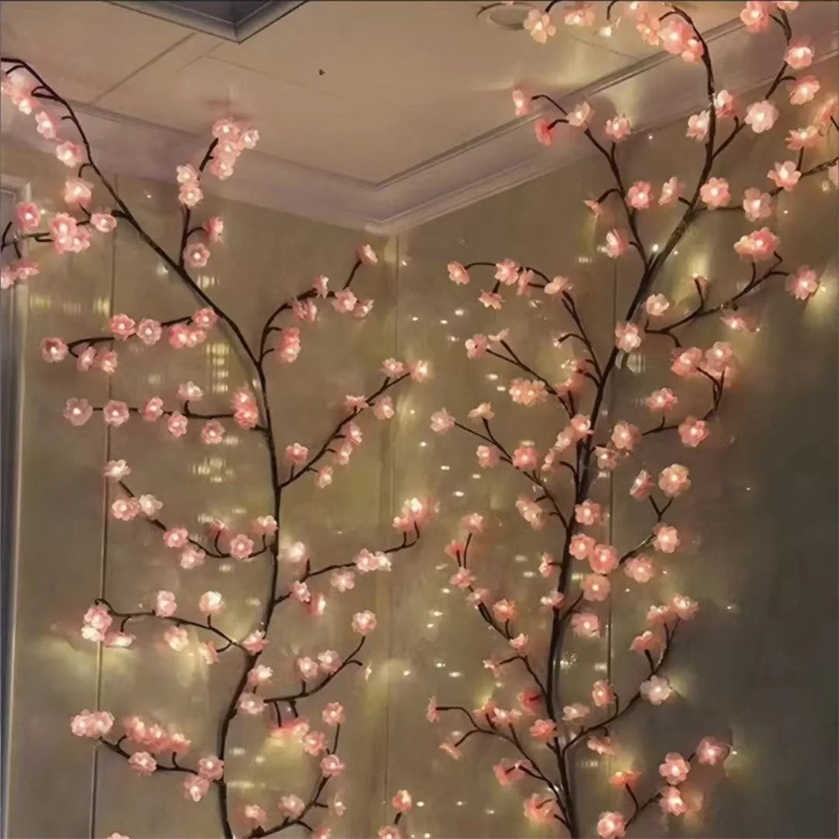 guirlande lumineuse fleurs cerisier rose noir branches modernes adhésives 72 led usb