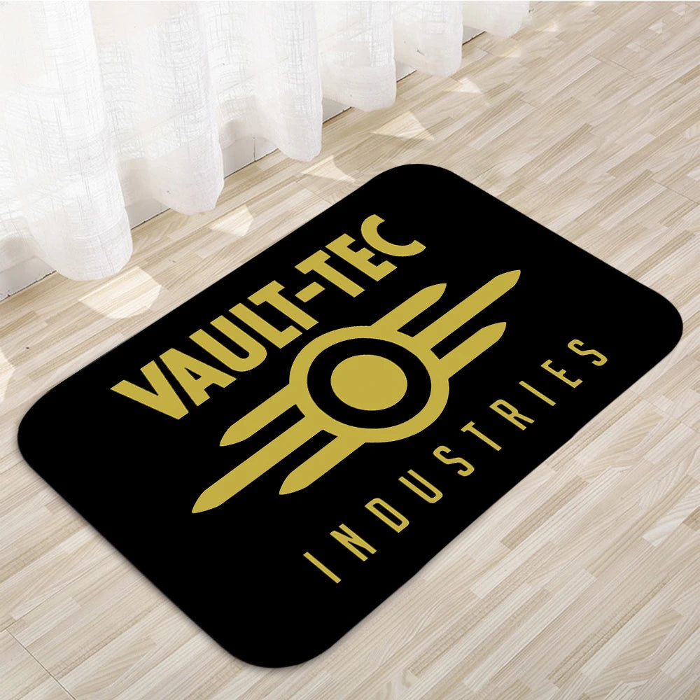 tapis noir bleu blanc logo vault tec antidérapant moderne graphique sol couloir polyester