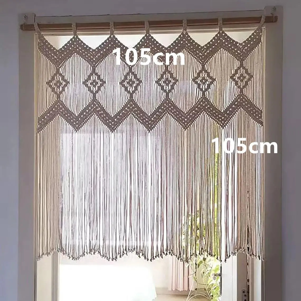rideau macramé blanc crème motifs géométriques franges boho chic crochet métallique