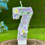 bougies numérales pailletées fleurs reliefs adhésives anniversaire enfant violet blanc vert bleu doré