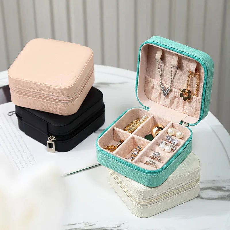 boîte bijoux simili cuir fermeture glissière moderne colliers boucles d'oreilles bagues bracelets vert rose