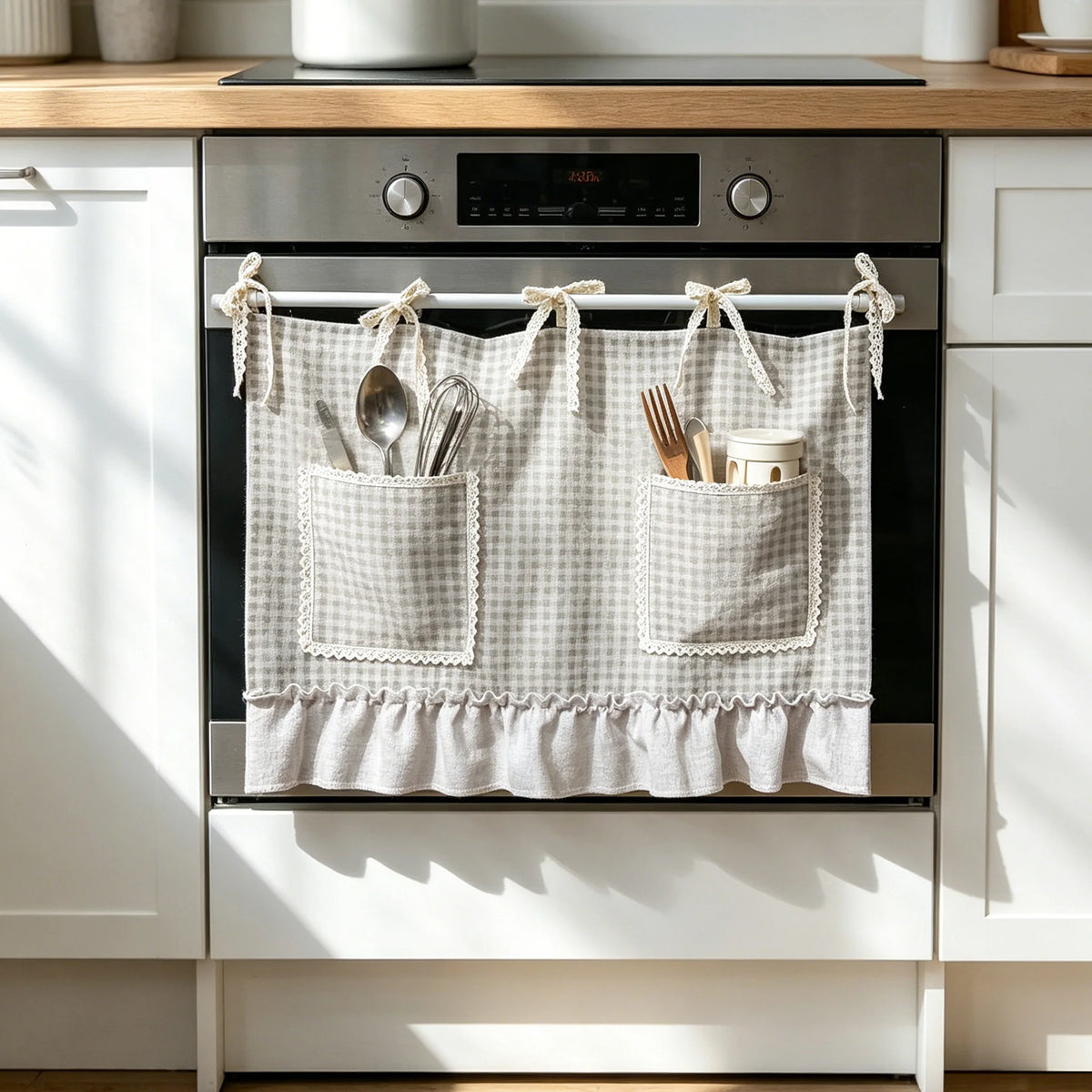sac ustensiles cuisine carreaux gris blanc vintage rubans noués poches rangement multifonctionnel 70x140cm