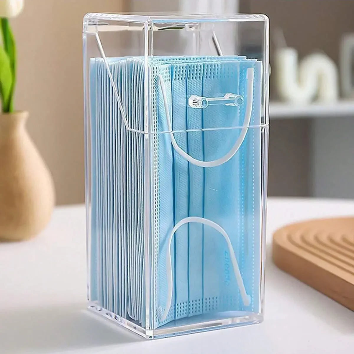 boîte rangement masques jetables transparente bleu clair moderne pratique poignées blanches 50pcs 40pcs