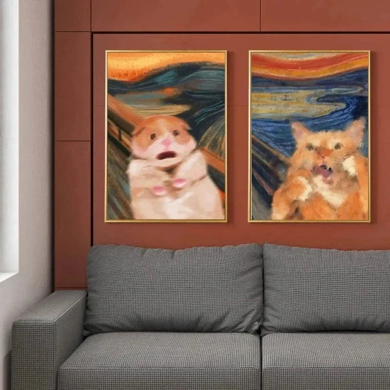 affiche moderne toile peinte huile chat hamster dessin animé orange beige bleu moderne pop