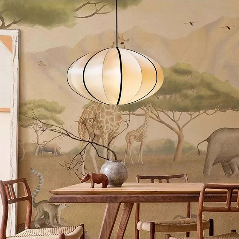 suspension moderne tissu blanc motif géométrique opaque chambre salon lumière led pendentif