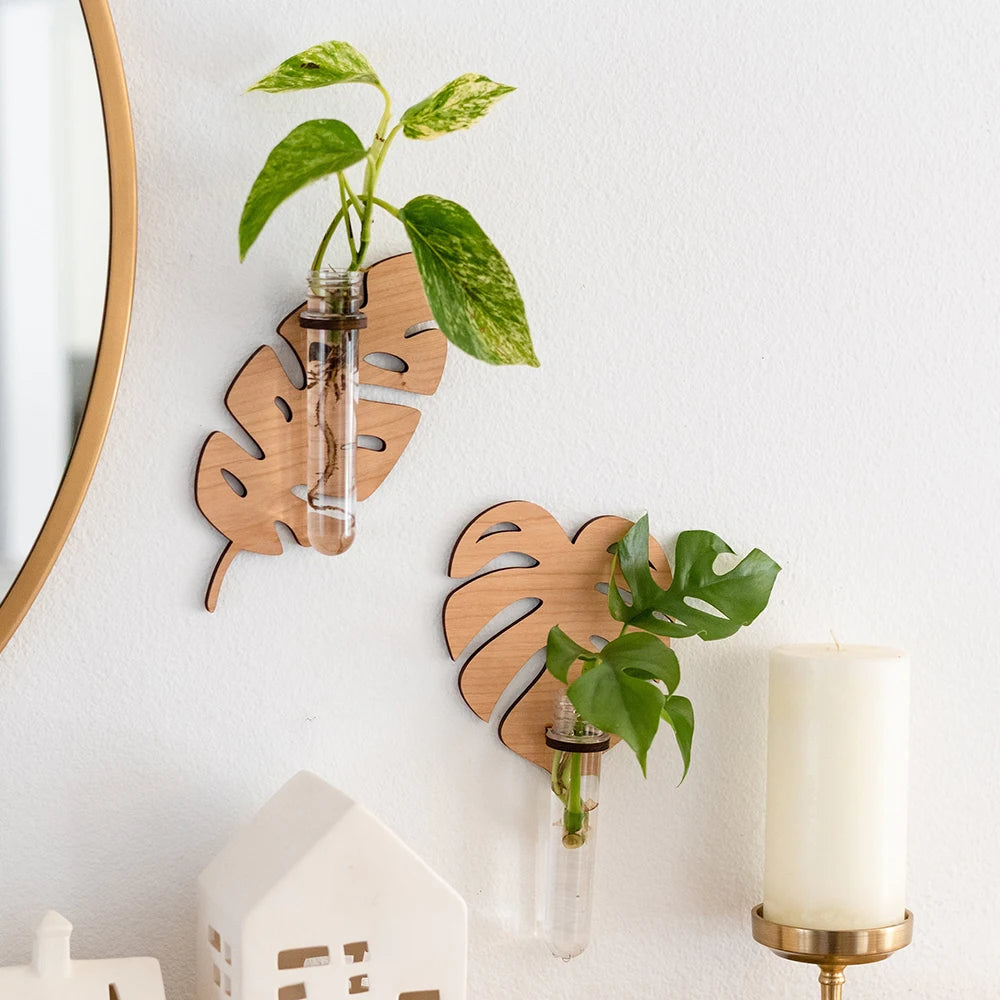 Support mural moderne feuille Monstera clips métalliques plante verte tube verre transparent chambre salon