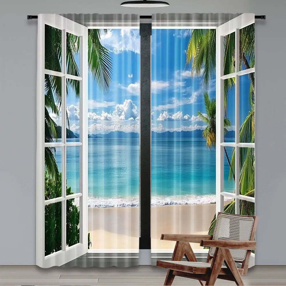 rideau moderne paysagiste marine palmiers ciel bleu plage blanche bleu vert blanc beige translucide