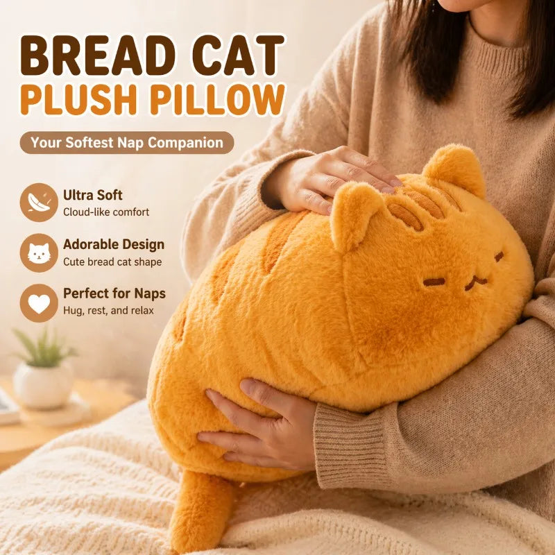 coussin peluche forme pain visage chat orange gris doux sieste literie oblong