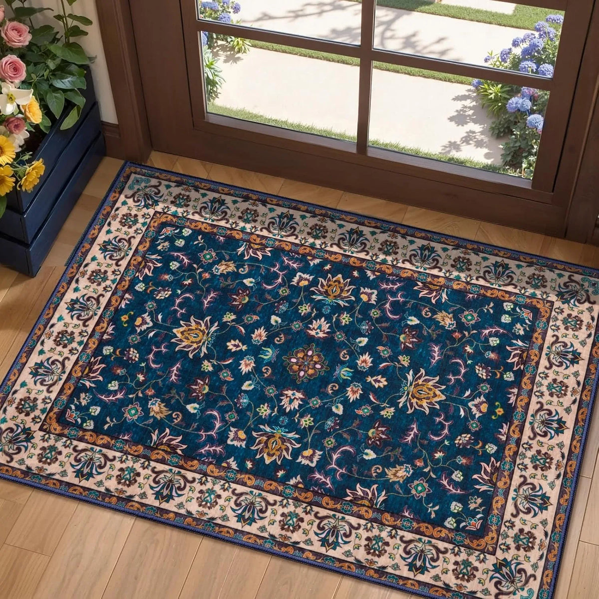 tapis persan floral géométrique moderne gris beige résistant extérieur entrée salon