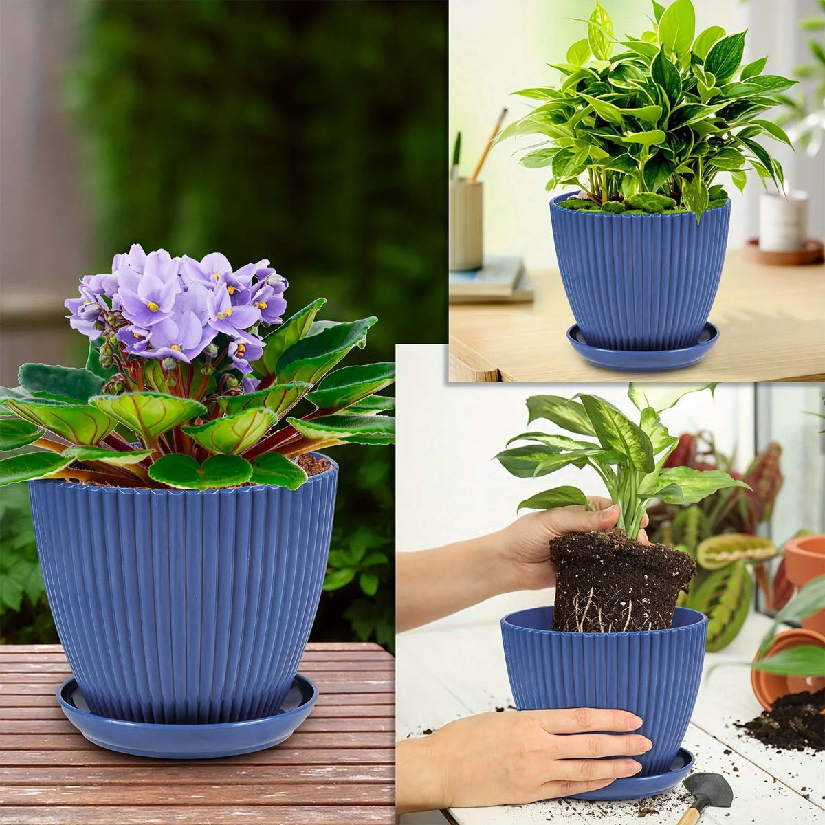 Pots fleurs modernes rayés bleu vert blanc soucoupe plastique opaques