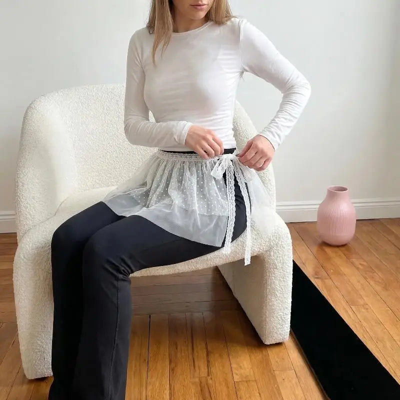 jupe élégante femme fille blanche points gris clair polyester translucide ruban noir tulle