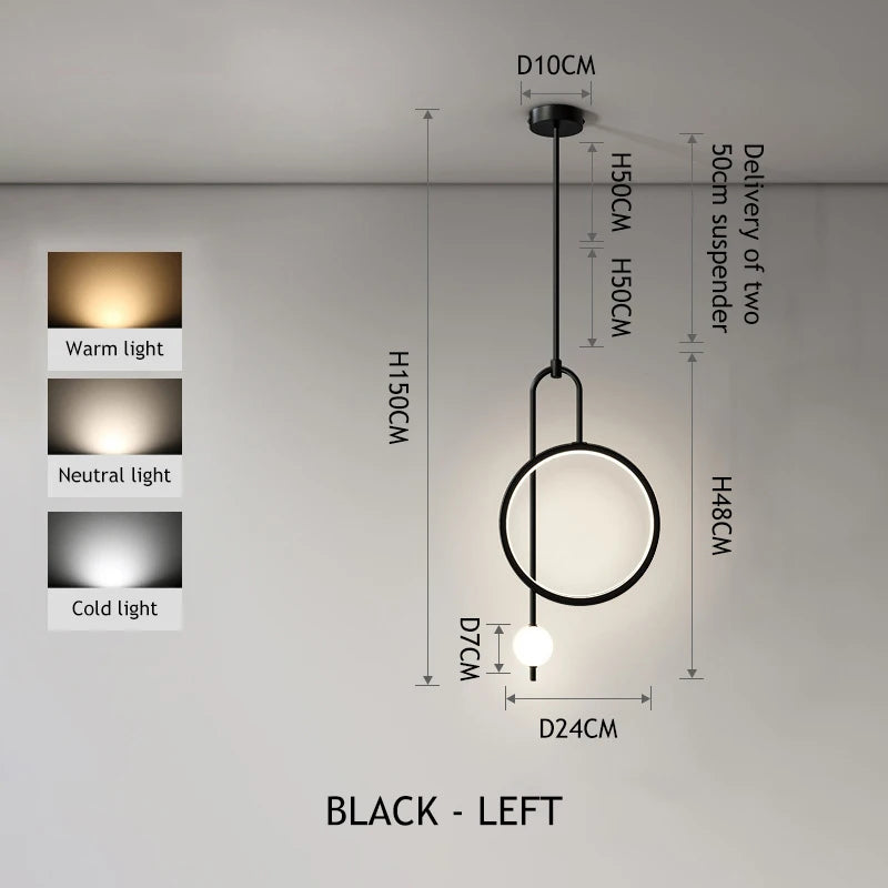 lampe suspendue anneau or noir moderne minimaliste sphère lumineuse chaîne métalliqueflux lumineux haute qualité