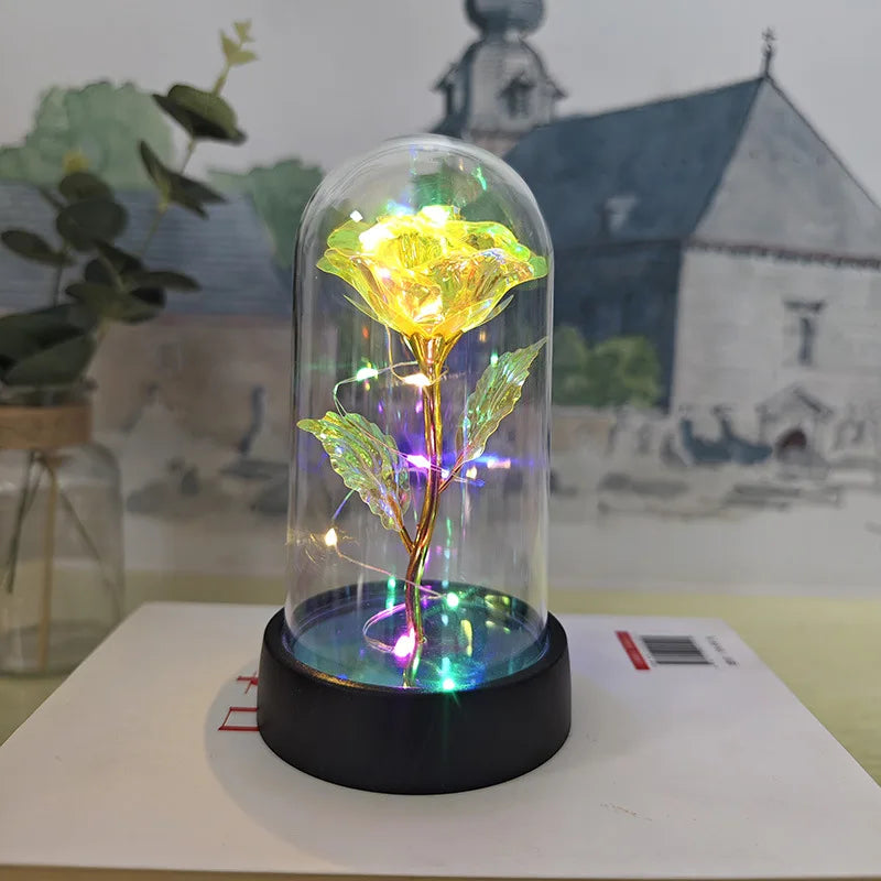 rose artificielle verre transparent led bleu doré décoration intérieure anniversaire saint valentin préparation mariage