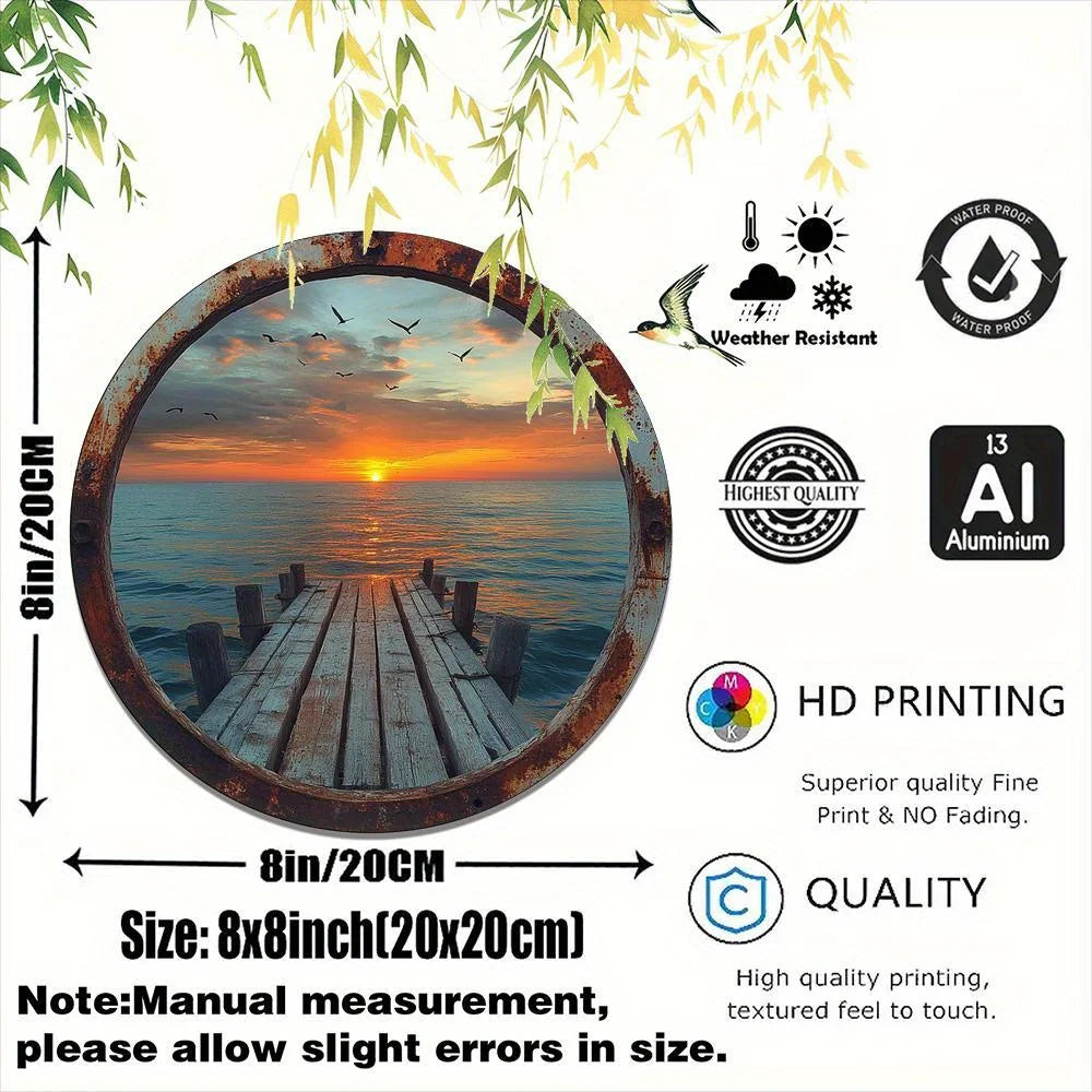 cadre mural circulaire coucher soleil ponton bois bordure métallique vieillie marron rustique bleu orange