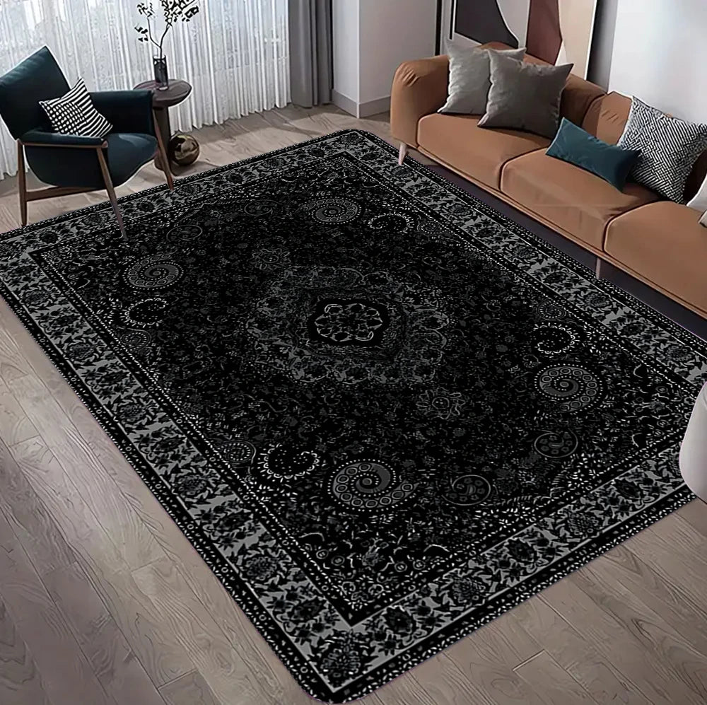 tapis moderne ornements floraux motifs géométriques velours noir gris bleu vert facile nettoyer salon