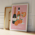 affiche art bouteilles prosecco aperol spritz oranges feuilles vertes texte rose clair illustration cadre