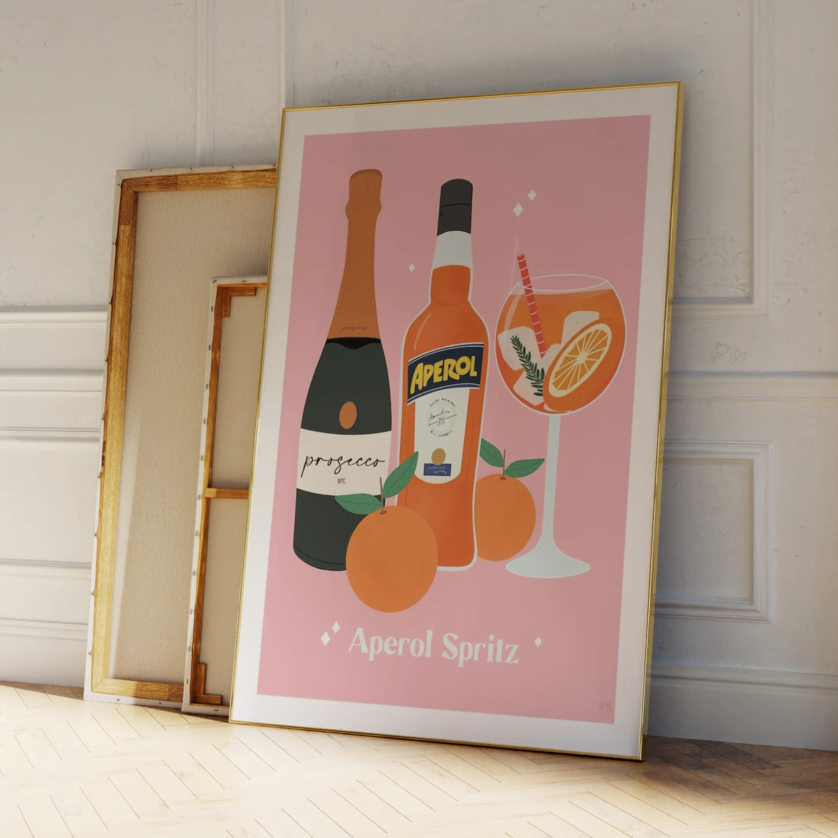 affiche art bouteilles prosecco aperol spritz oranges feuilles vertes texte rose clair illustration cadre