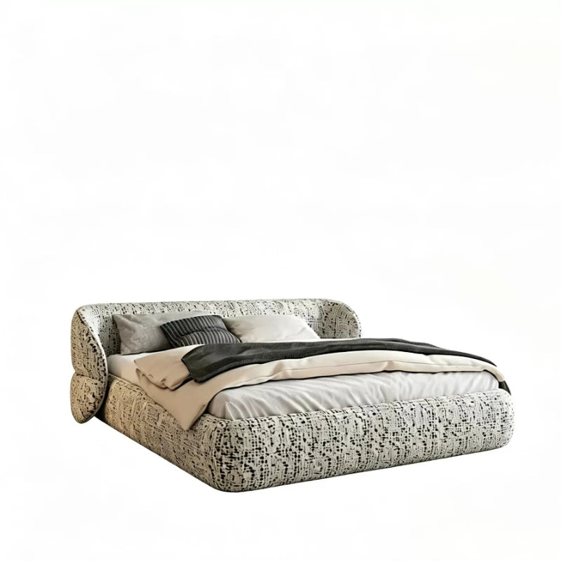 lit tissu texturé tête lit moderne minimaliste beige gris blanc chambre coucher matériaux bois