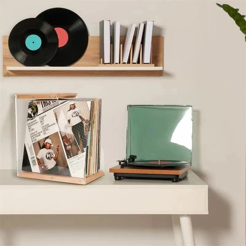 présentoir disques vinyles bois naturel transparent moderne vis fixations minimalistes
