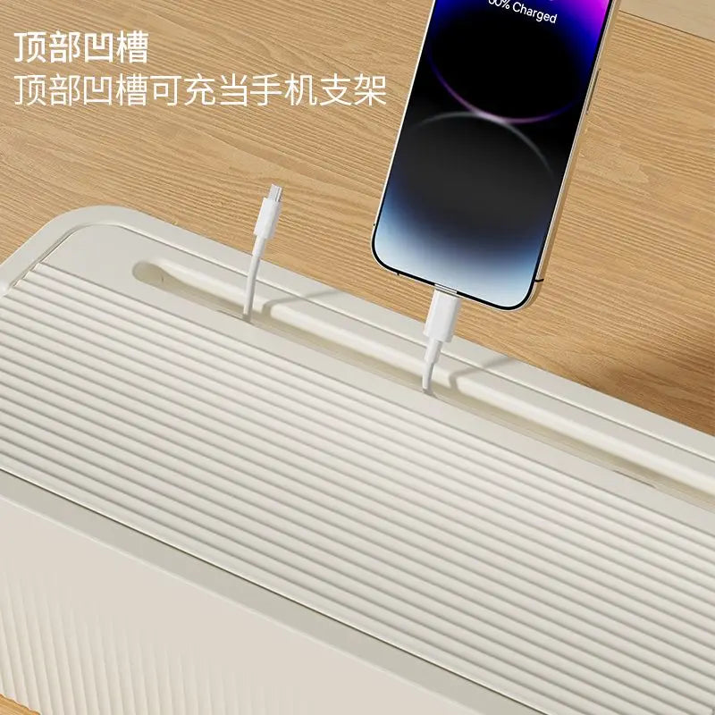 boîte rangement câbles prise électrique moderne réutilisable adhésif beige rayures verticales chargeur smartphone
