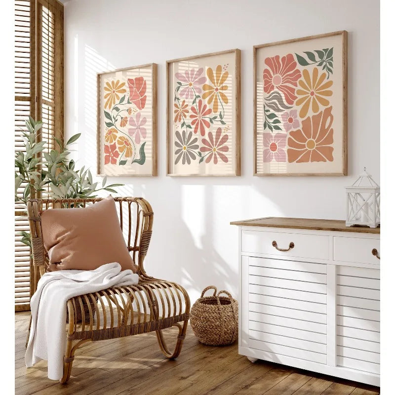 affiches abstraites fleurs tons chauds toile décoration murale sans cadre imperméable 3pcs