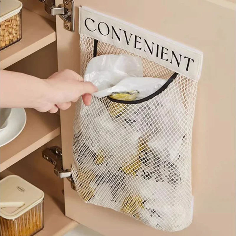 sac rangement polyester réutilisable clips beige clair maille fine moderne cuisine articles divers pliable