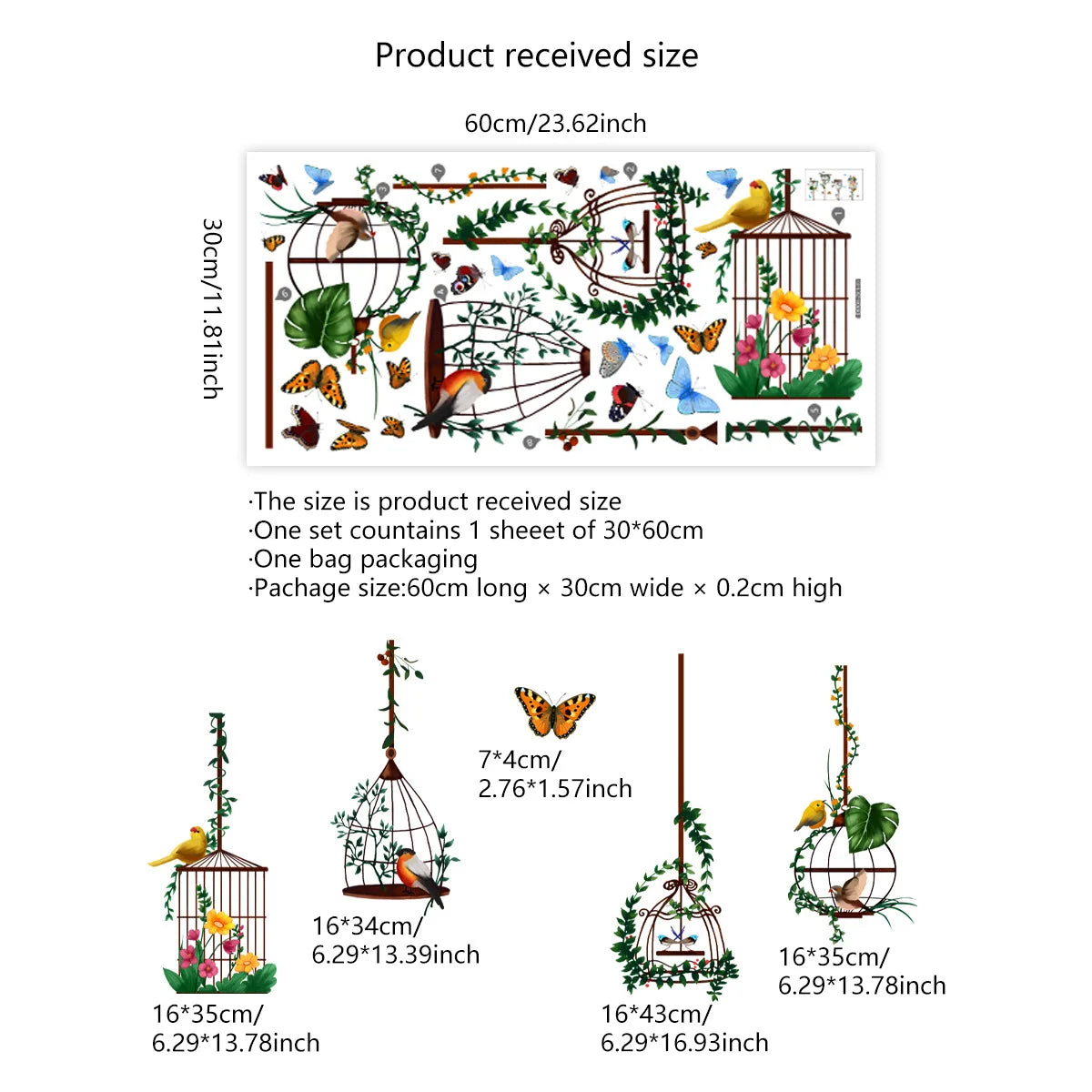 stickers décoratifs fenêtres cages oiseaux fleurs papillons naturels transparents verte rouge bleue