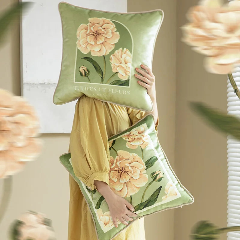 coussin carré velours fleuri vert clair vintage 45x45cm 55x55cm décoration maison lit sofa farmhouse