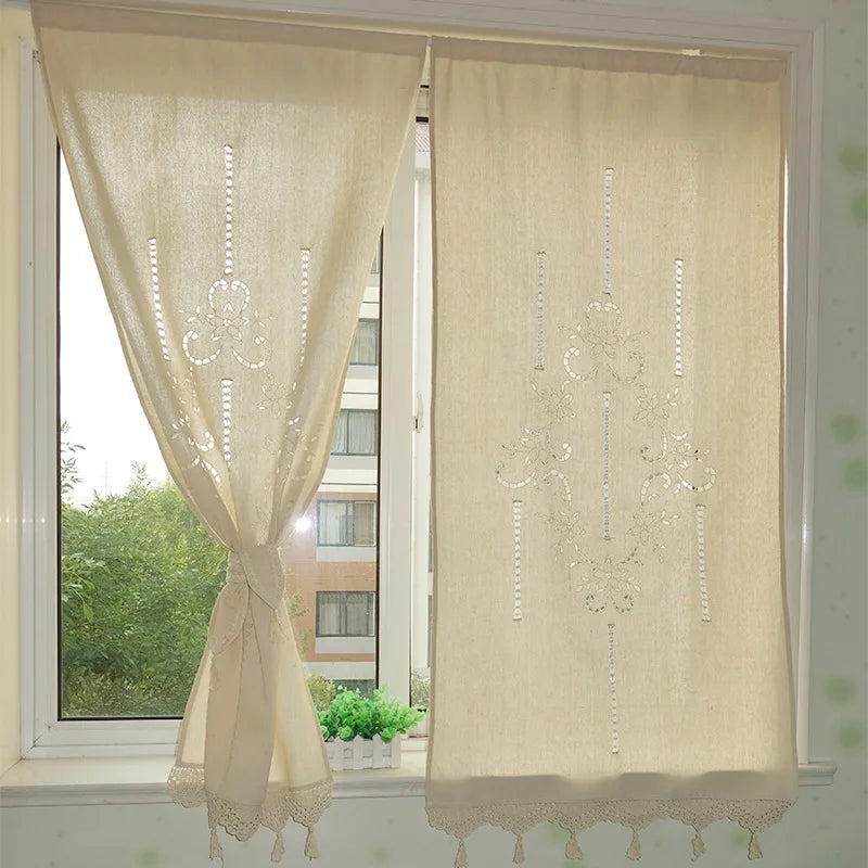 rideaux fenêtre lin beige floral semi transparent rustique franges domestique pastorale