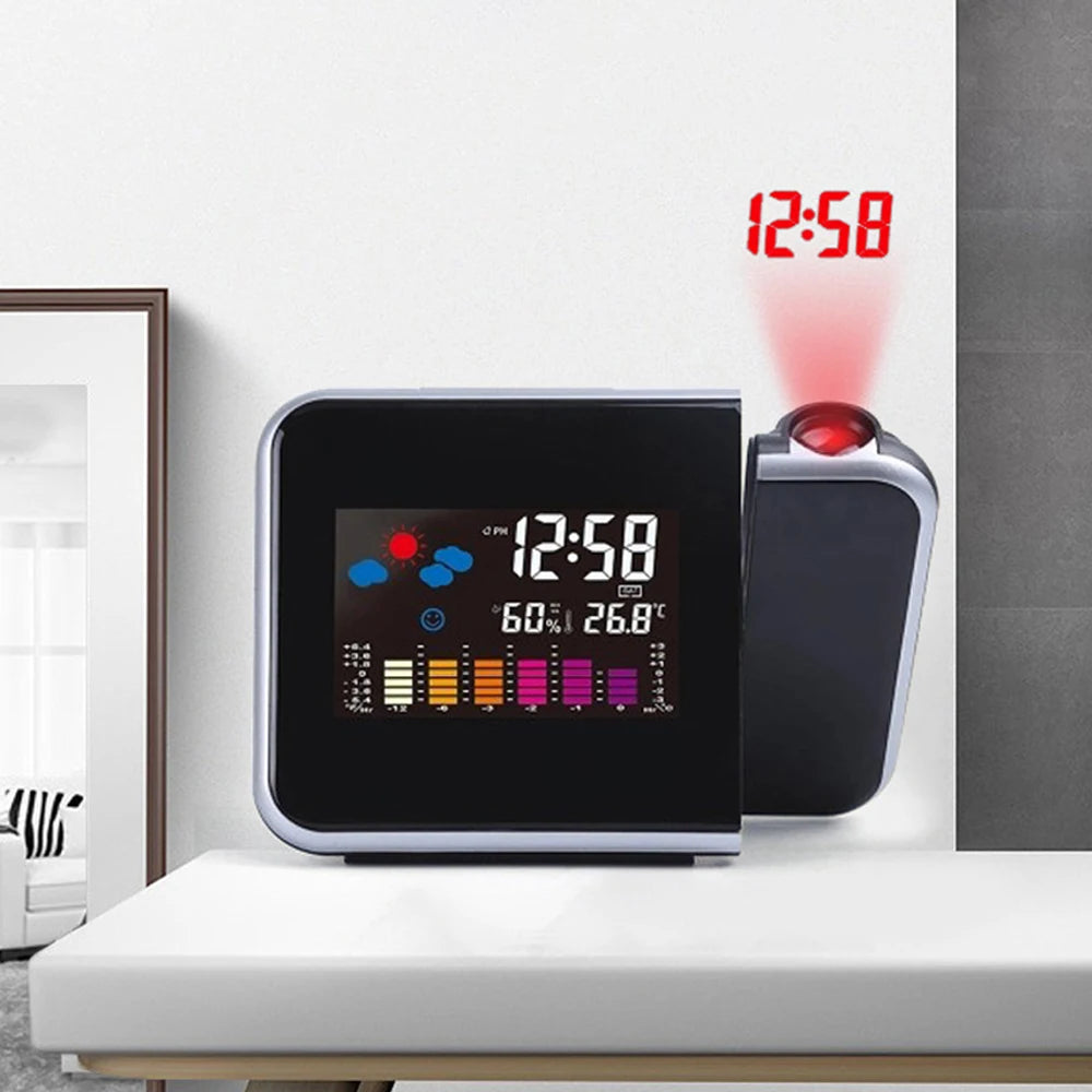 projecteur horloge moderne affichage temps date météo alarme température humidité noir clips