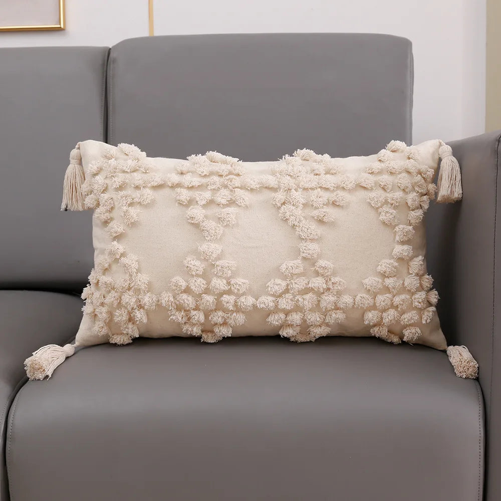 coussin carré géométrique blanc boho chic franges opaques décoration maison voiture