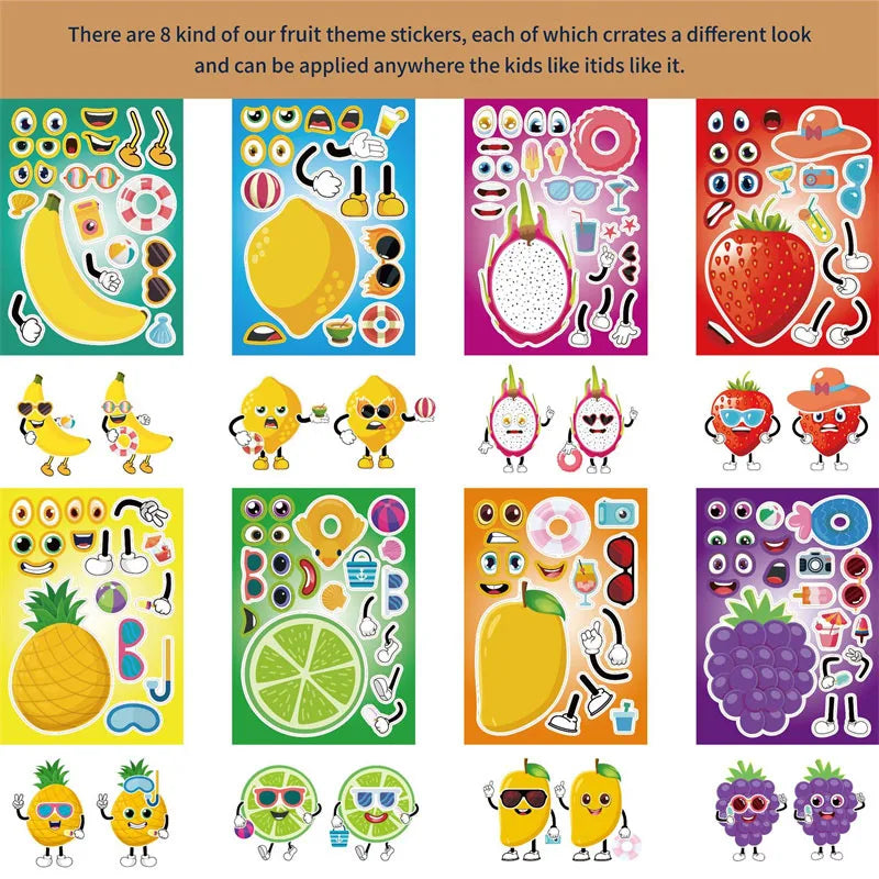 stickers fruits cartoon multicolores yeux mains lunettes accessoires enfants diy 21cm 15cm 12ans