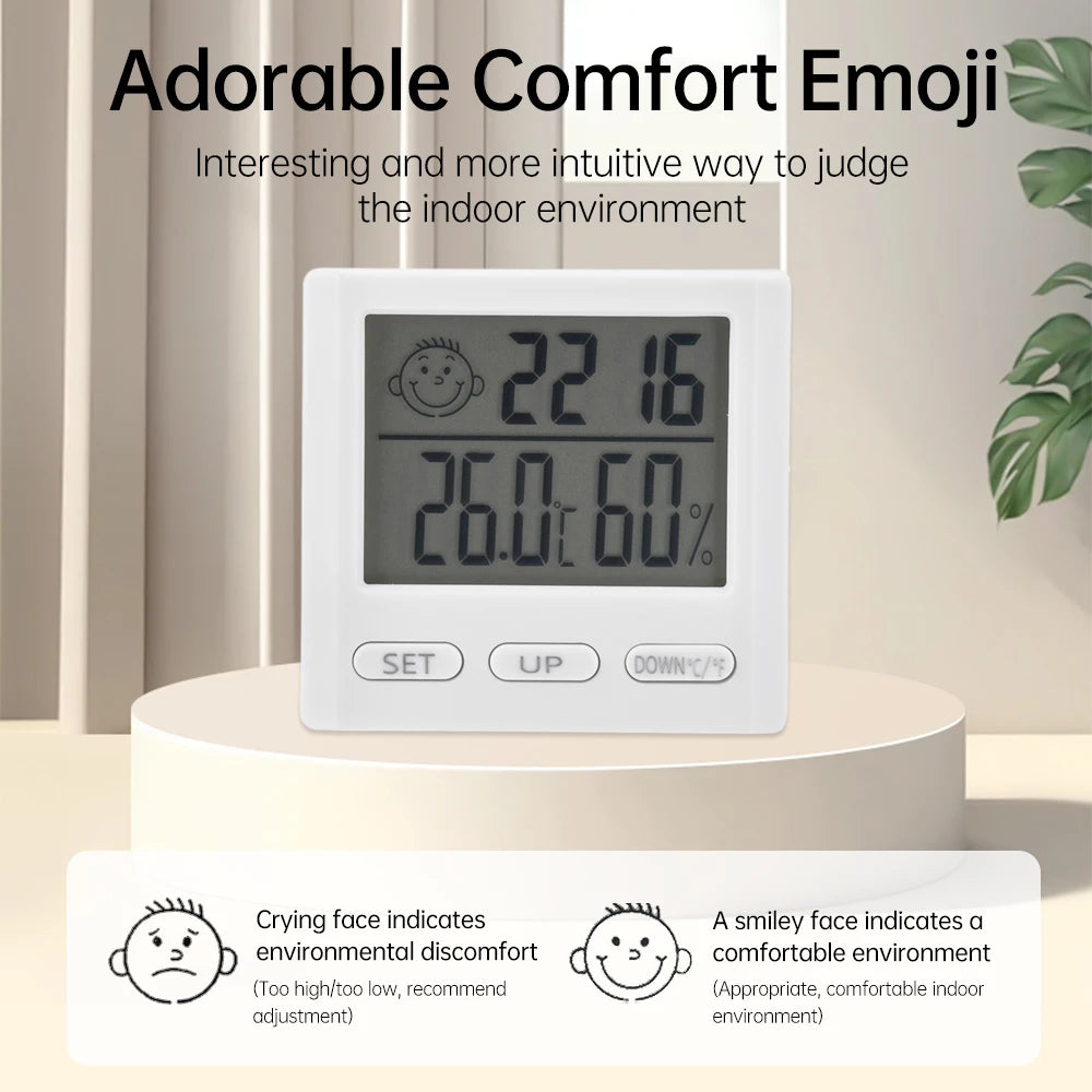 mini horloge alarme blanc affichage température humidité emojis moderne compact lcd numérique