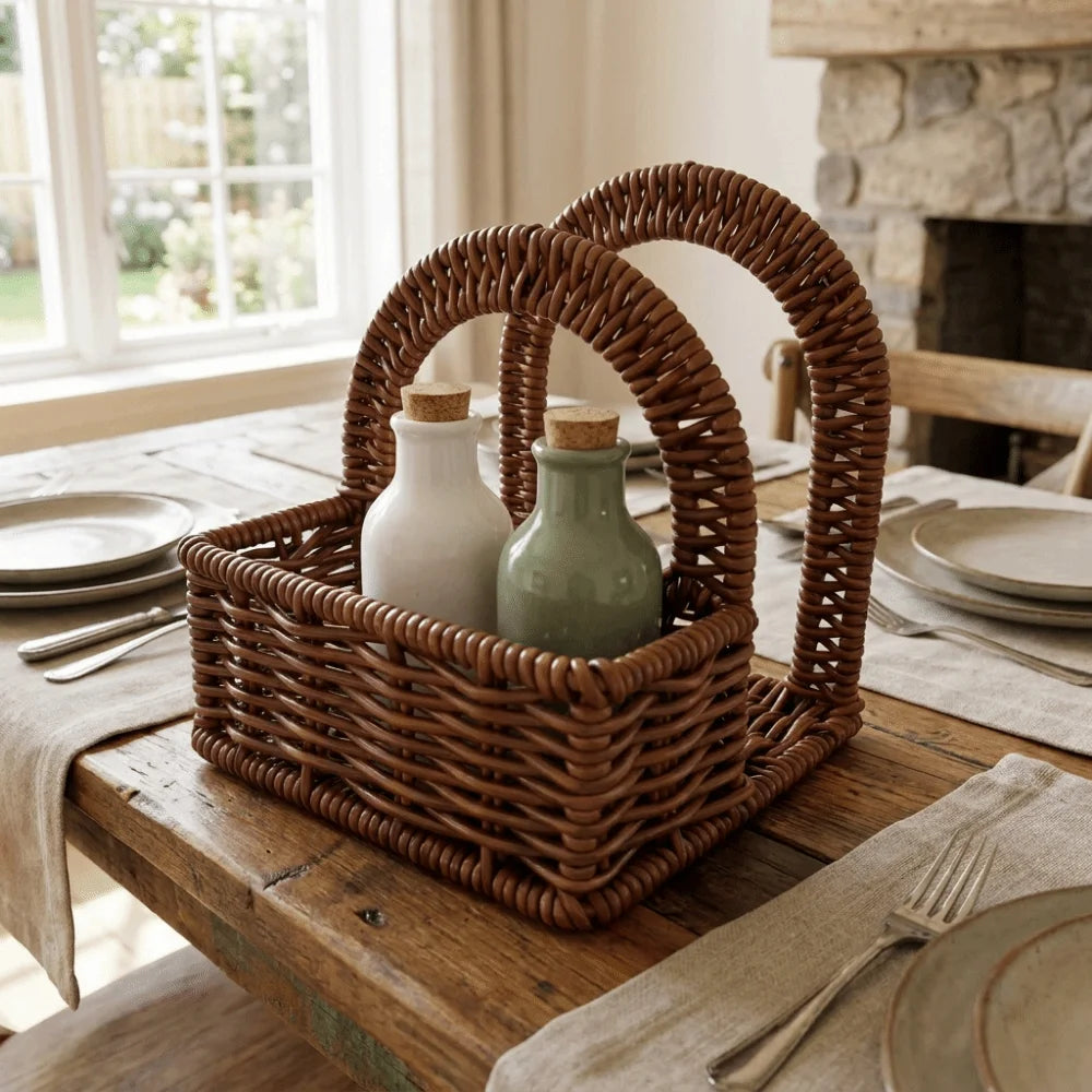 panier tressé marron clair rustique réutilisable serviettes fleurs maison opacité poignées
