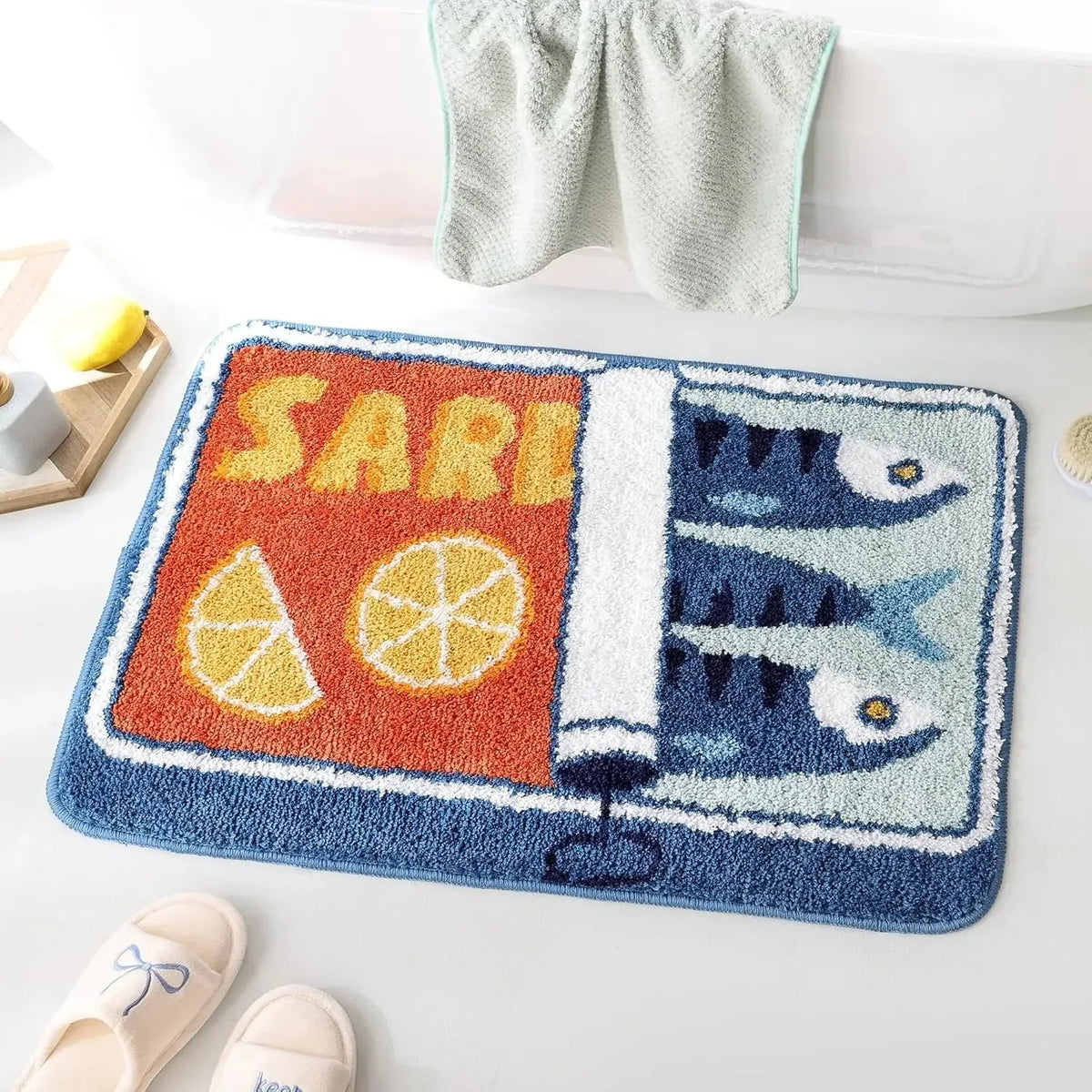 tapis bain moderne motif fruits poissons rouge jaune bleu vert blanc 30x50cm