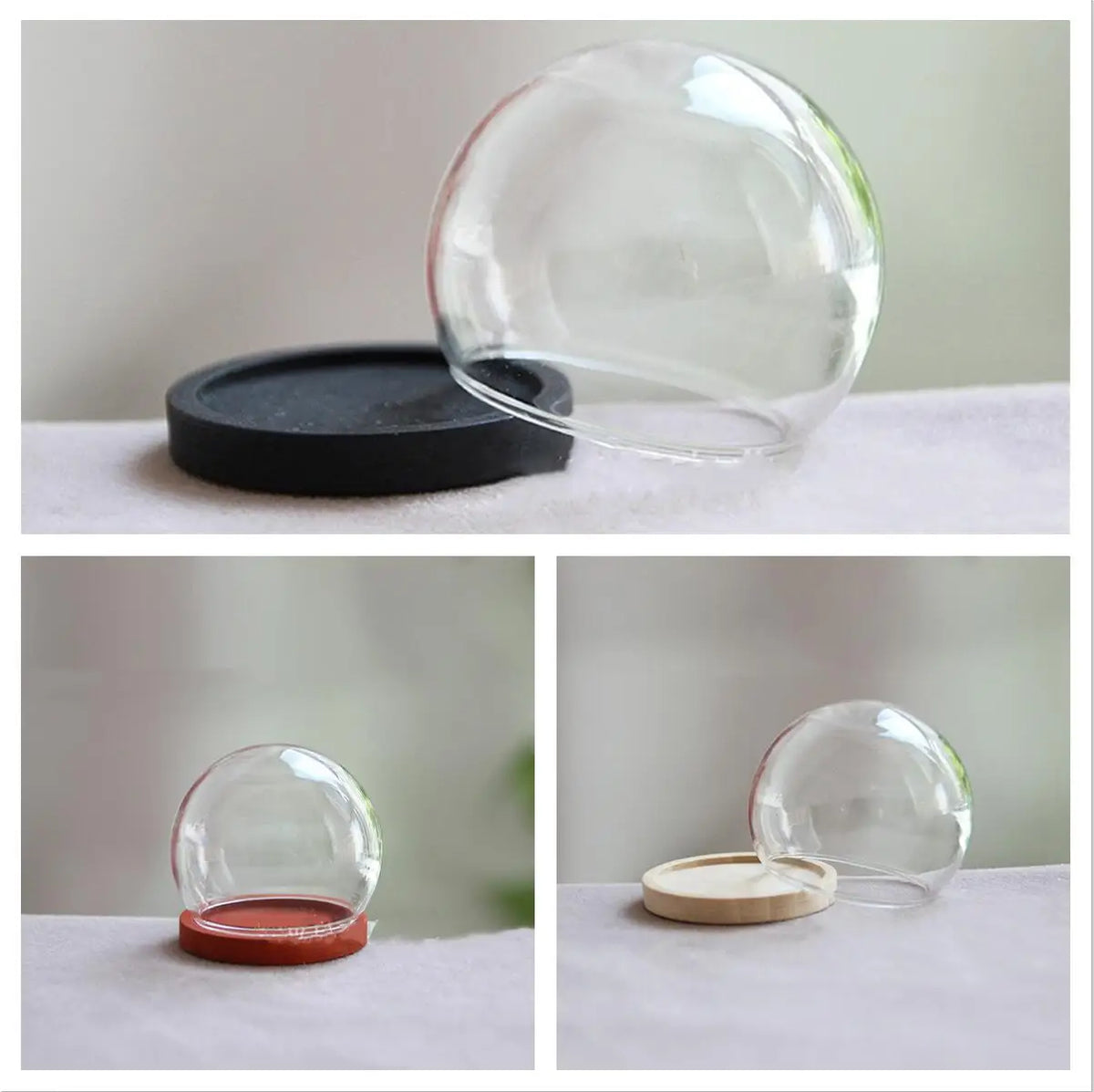 vase boule verre transparent base bois couvercle fleurs séchées