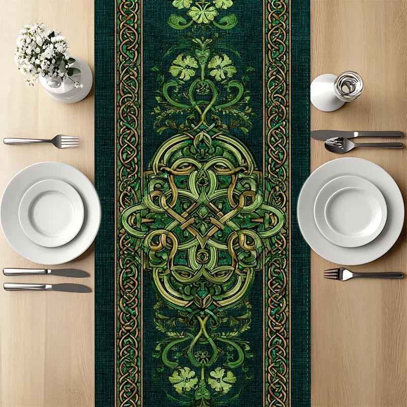 nappe lin trèfles celtiques motifs végétaux vert or festive table decoration durable