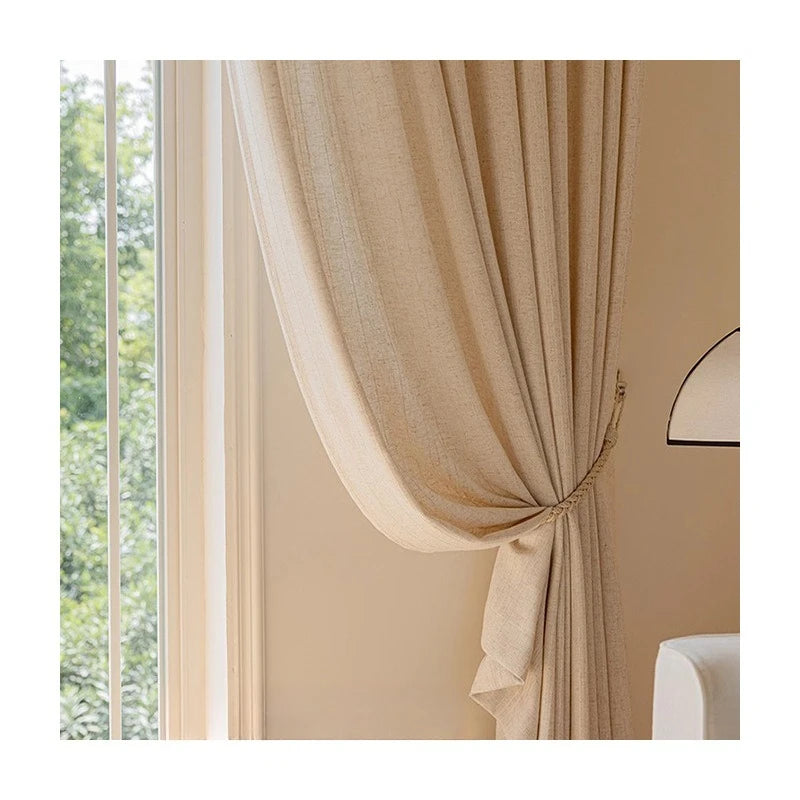 rideaux polyester texture lin beige clair modernes opaques ruban fixation maison