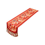 nappe rouge poissons dorés fleurs franges pompons décoration festive asiatique table maison coton polyester