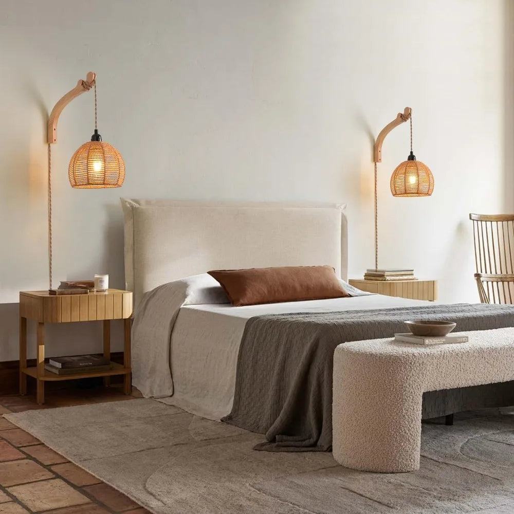 lampe murale suspendue tressée abatjour bois bohème rustique scandinave éclairage quotidien beige clair marronclair
