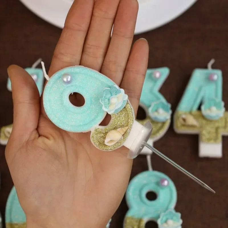 bougies numériques forme chiffres glitter thème marin anniversaire turquoise doré blanc coquillages clips
