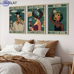 affiches murales vintage illustrées personnages accessoires bois opaques abstrait vert blanc noir rose bleu